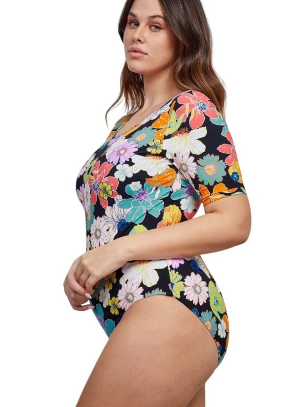 Gottex Modest One-Piece Swimsuit XXL Short Sleeves Round Neck Vibrant Floral NWT - Picture 2 of 15